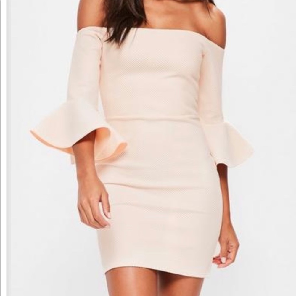 Missguided Nude Bardot Fishnet Frill Bodycon Dress